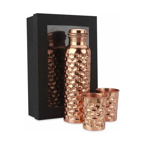 Hammered Pure Copper Water Bottle with Set of 2 Glass