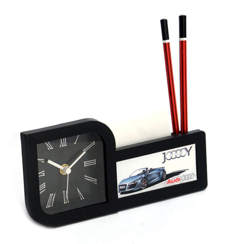 TABLE CLOCK WITH PAD AND PEN HOLDER