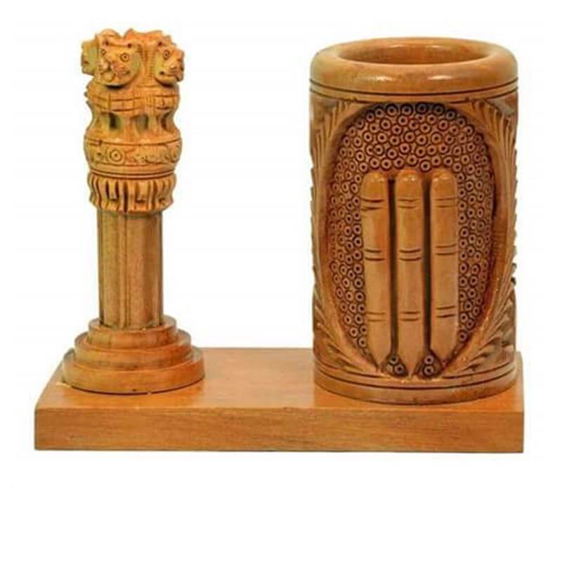 Wooden Cricket Ashoka Pillar Pen Stand