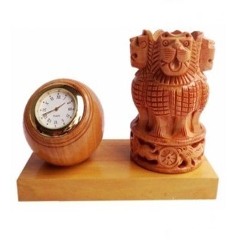 Wooden Pen Stand with Ashoka Stambh and Clock