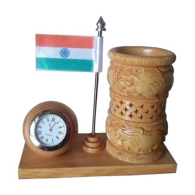 Wooden Ashok Stambh With Table Clock & Flag Stand