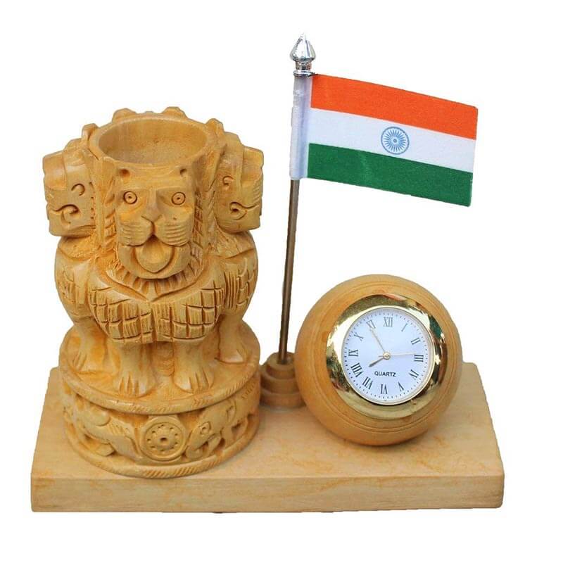 Wooden Ashoka Pen Stand With Flag And Clock
