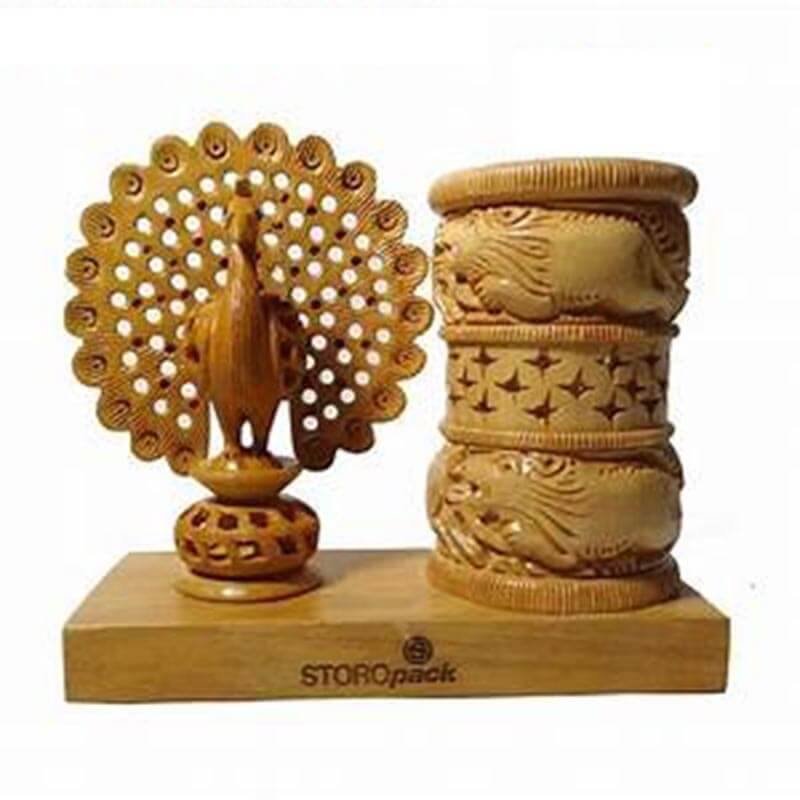 Unique Traditional Wooden Handmade Handicraft Ashok Stambh With Decorative Big Pen/Pencil Stand